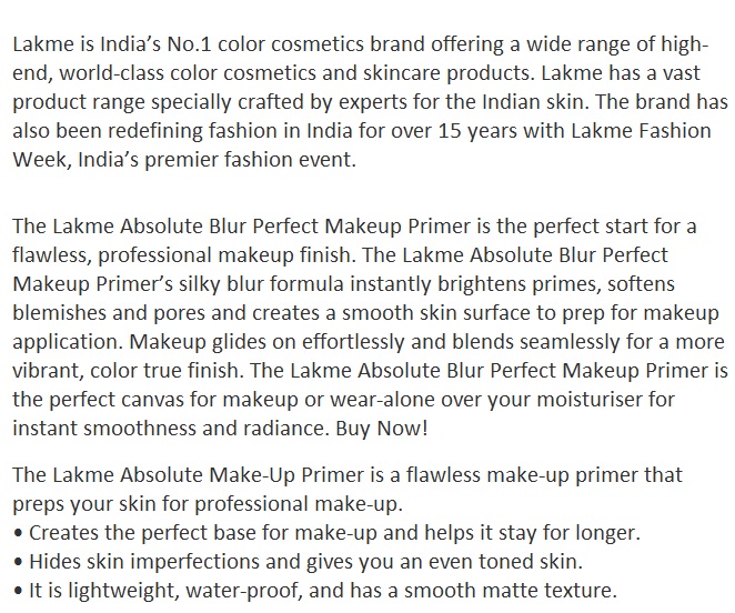 Lakme Absolute Blur Perfect Makeup Primer description